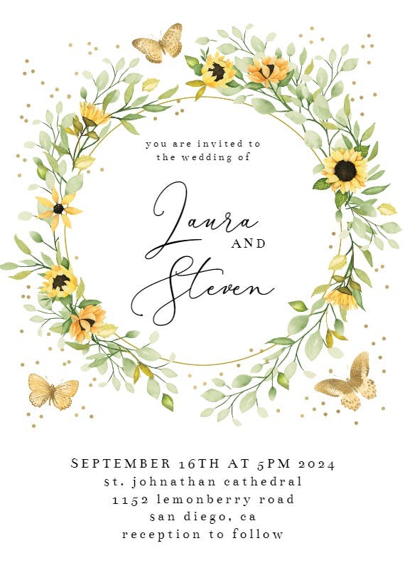 Sunflower wreath with butterflies - wedding invitation
