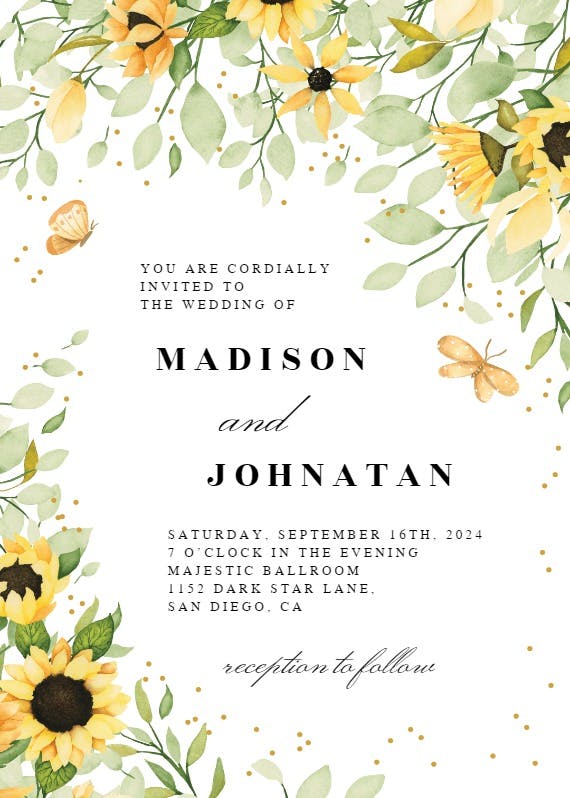 Sunflowers & butterflies - wedding invitation