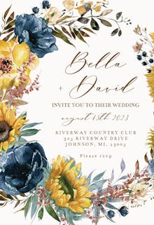 Sunflowers and Blue Wreath - Wedding Invitation