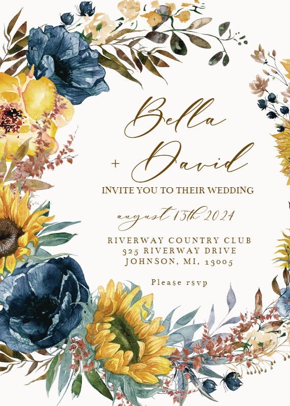 Sunflowers and blue wreath - invitación de boda