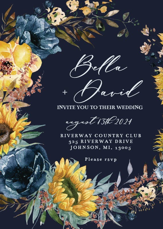 Sunflowers and blue wreath - wedding invitation