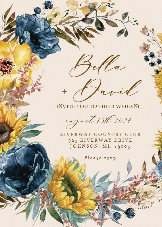 Sunflowers and blue wreath - invitación de boda