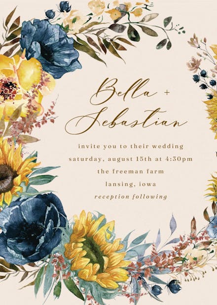 Sunflowers and blue wreath - wedding invitation
