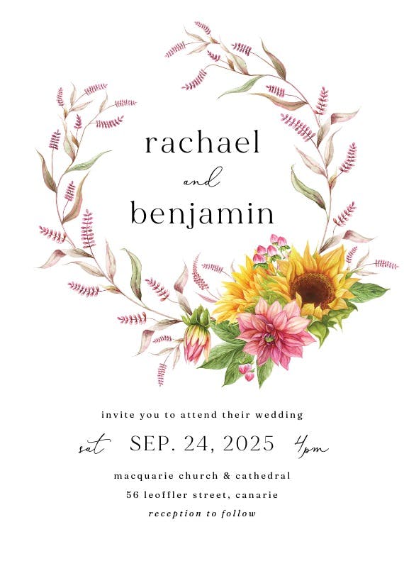 Sunflowers and dahlias - wedding invitation