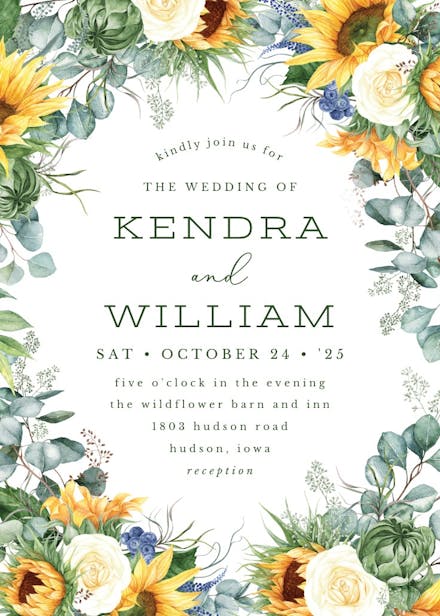 Sunflowers on navy blue wood - wedding invitation