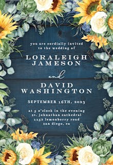 Sunflowers on Navy Blue Wood - Wedding Invitation