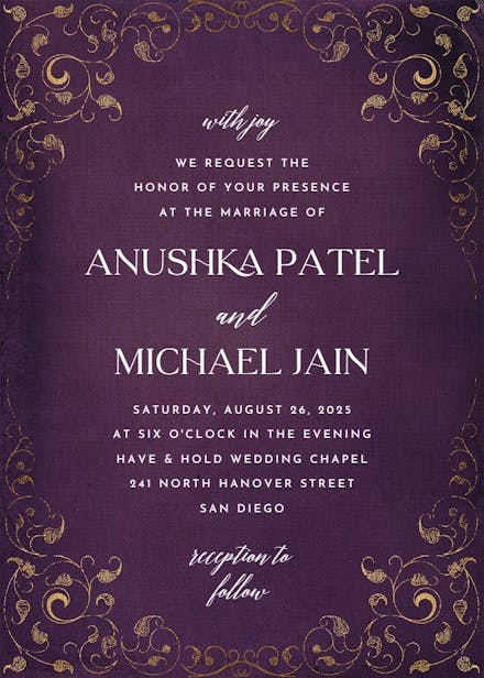 Swirls and frames purple - wedding invitation