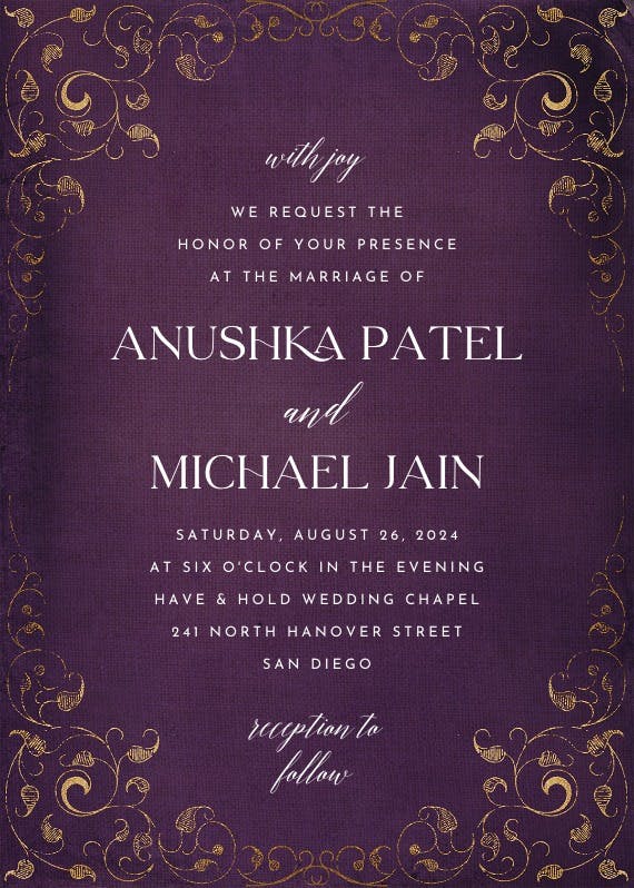 Swirls and frames purple - wedding invitation