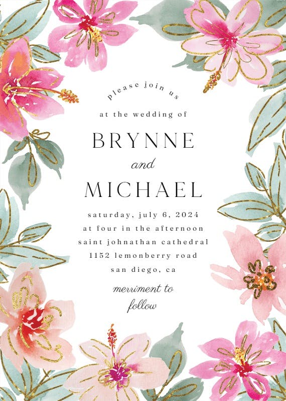 Tropical glitter flowers - wedding invitation