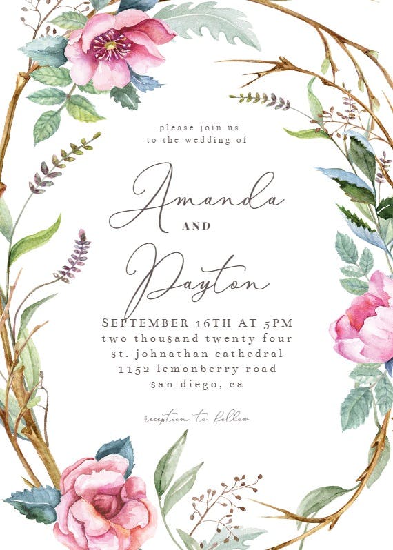 Woodland flower wreath - wedding invitation