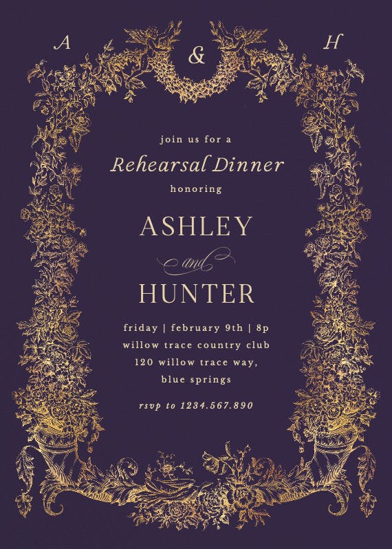 Baroque blooms - rehearsal dinner party invitation