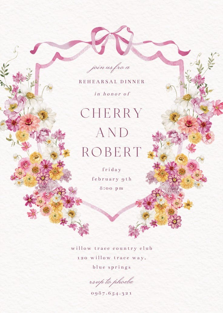 Blooms around crest - rehearsal dinner party invitation