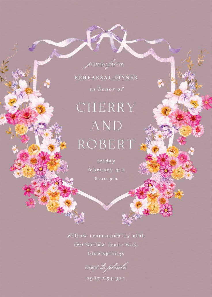 Blooms around crest - rehearsal dinner party invitation