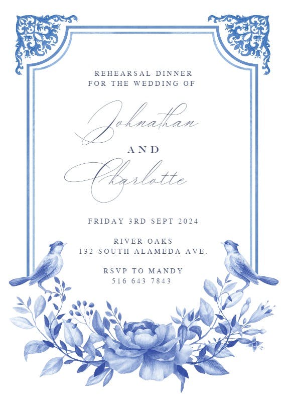 Blue watercolor ornaments -  invitación para cena de ensayo