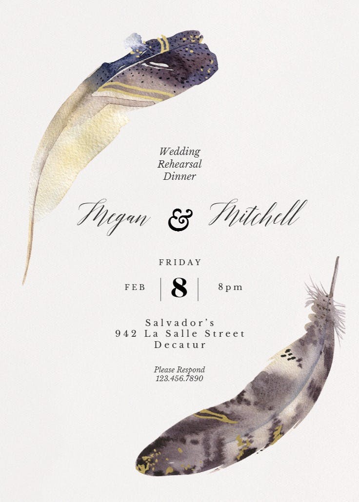 Boho feathers - rehearsal dinner party invitation