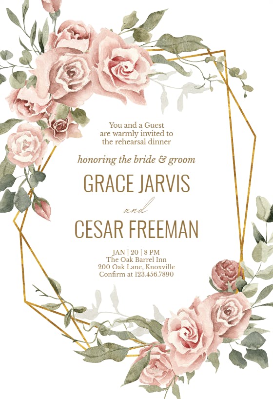 Dusty pink rose gold border - rehearsal dinner party invitation