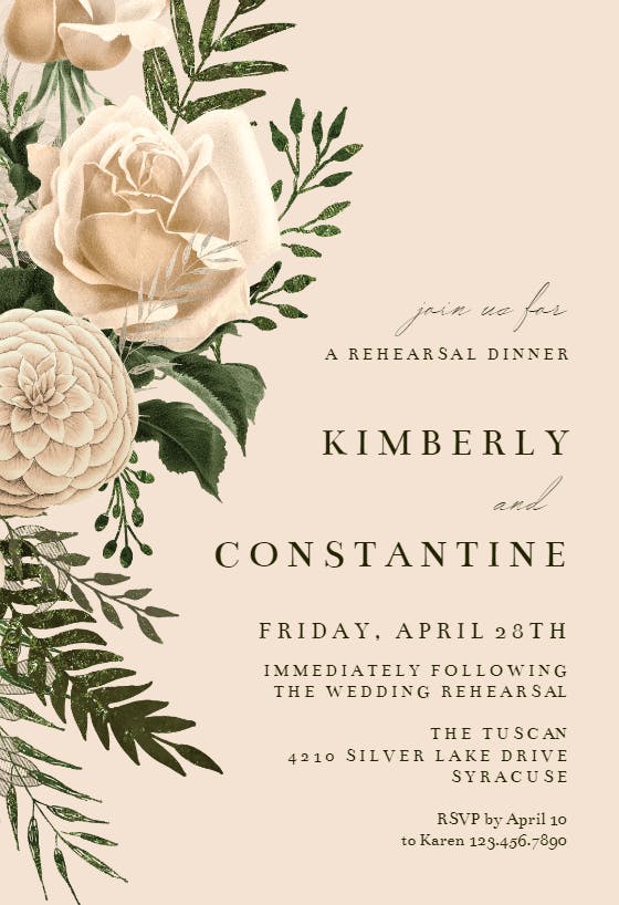 Cream bouquets - rehearsal dinner party invitation