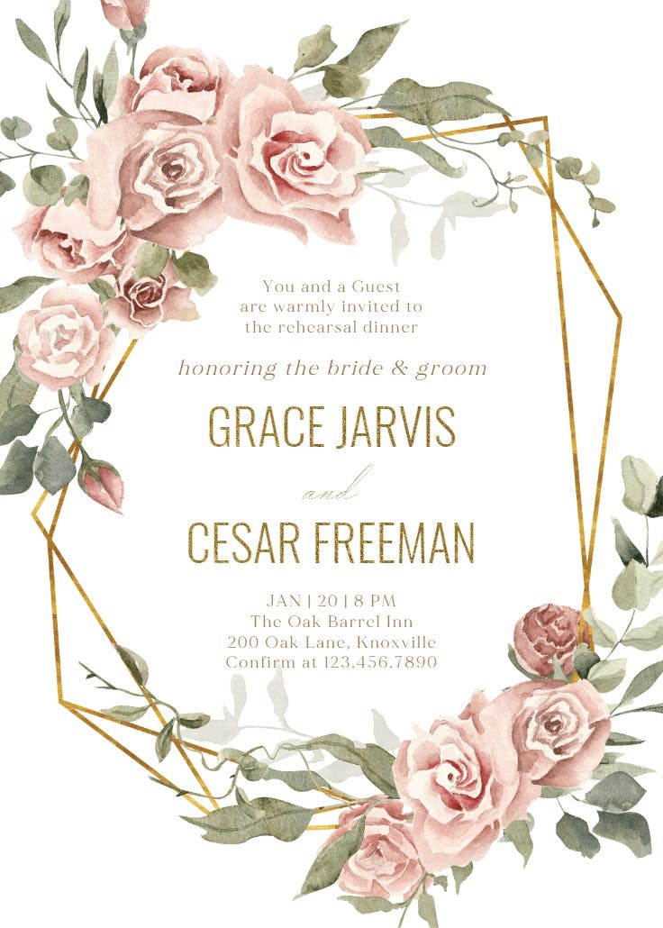 Dusty pink rose gold border - rehearsal dinner party invitation