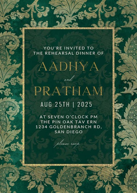 Emerald peacock - rehearsal dinner party invitation