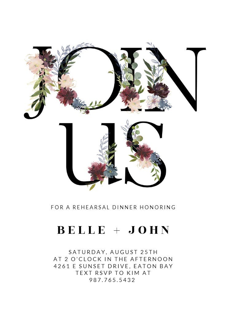 Floral letters - rehearsal dinner party invitation