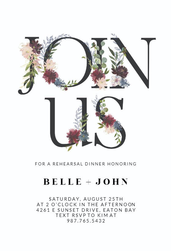 Floral letters - rehearsal dinner party invitation
