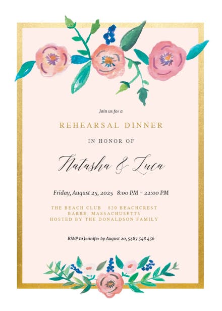 Flower on gold - rehearsal dinner party invitation