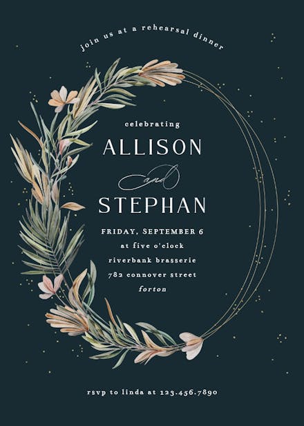 Garden wreath & rings - rehearsal dinner party invitation