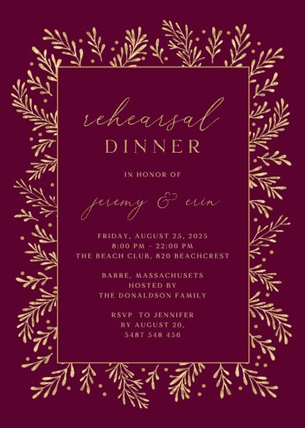 Gold leaf border - rehearsal dinner party invitation