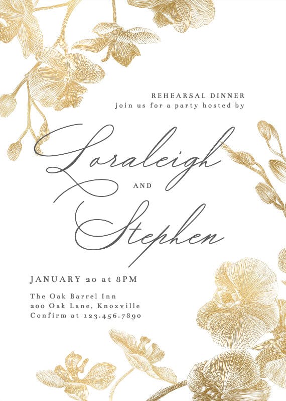 Gold orchids - rehearsal dinner party invitation