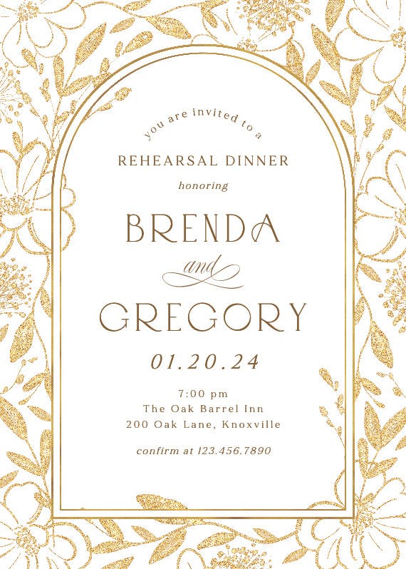 Gold surrounded by blooms - rehearsal dinner party invitation