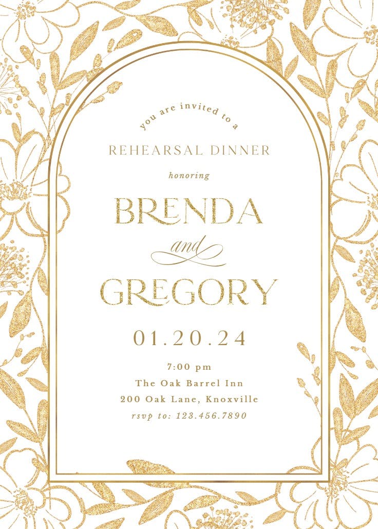 Gold surrounded by blooms - rehearsal dinner party invitation