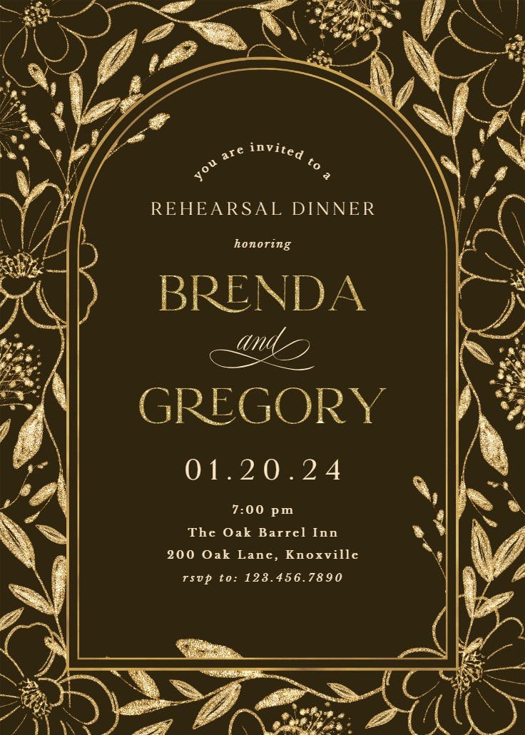 Gold surrounded by blooms - rehearsal dinner party invitation