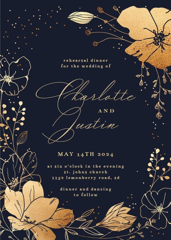 Golden flowers frame -  invitación para cena de ensayo