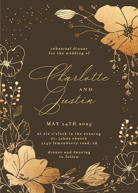 Golden flowers frame - rehearsal dinner party invitation