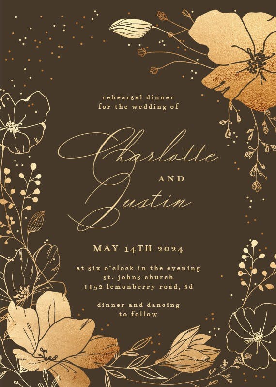 Golden flowers frame -  invitación para cena de ensayo