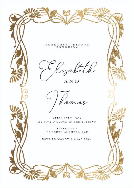 Golden frame - rehearsal dinner party invitation