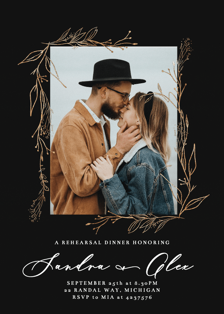 Golden outline branches - rehearsal dinner party invitation