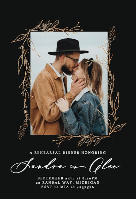 Golden outline branches - rehearsal dinner party invitation