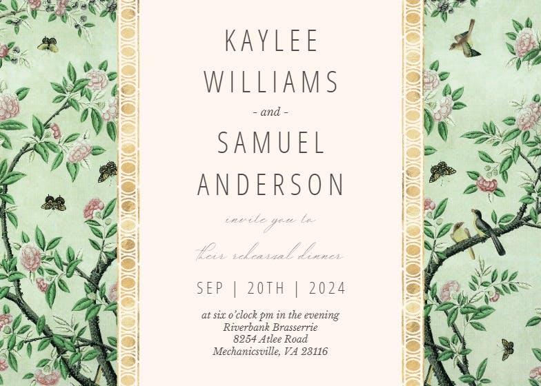 Green vintage textile - rehearsal dinner party invitation