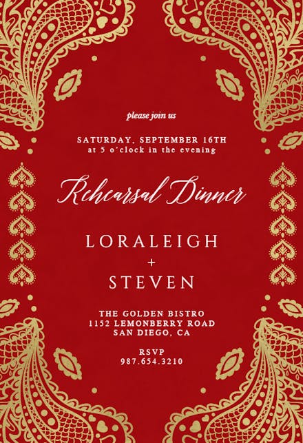 Indian floral paisley - Rehearsal Dinner Party Invitation