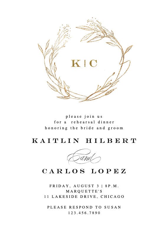 Monogram golden wreath - rehearsal dinner party invitation