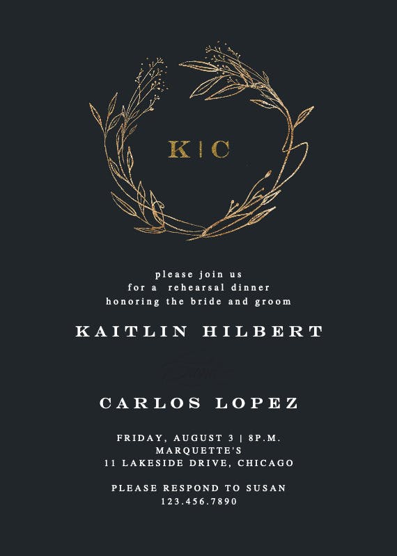 Monogram golden wreath - rehearsal dinner party invitation