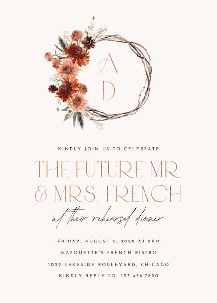 Monogram terracota - rehearsal dinner party invitation