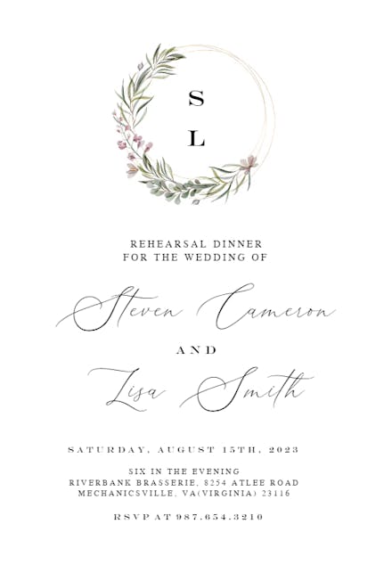 Monogram wreath - Rehearsal Dinner Party Invitation