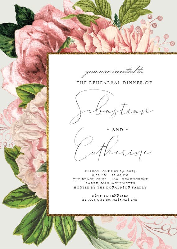 Pink bouquets - rehearsal dinner party invitation