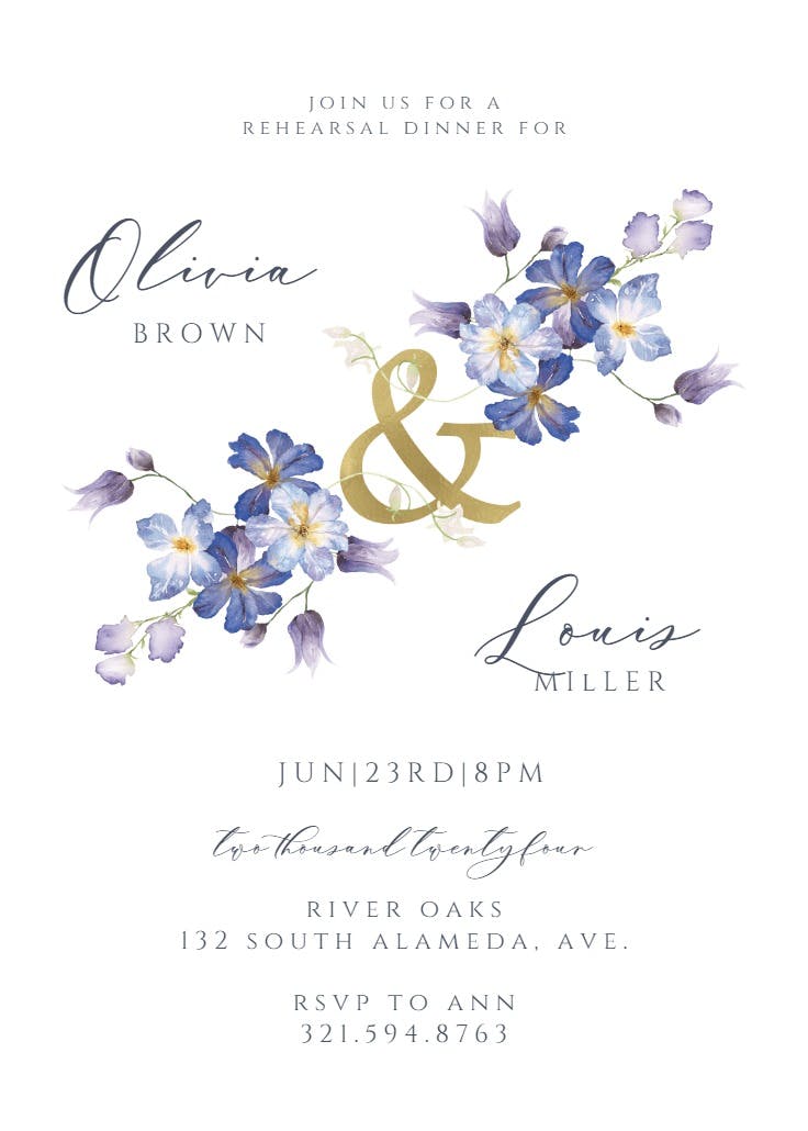 Purple flowers decoration - rehearsal dinner party invitation