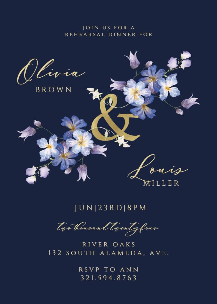 Purple flowers decoration - rehearsal dinner party invitation