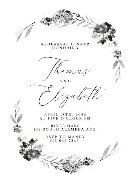 Smokey flowers wreath - rehearsal dinner party invitation
