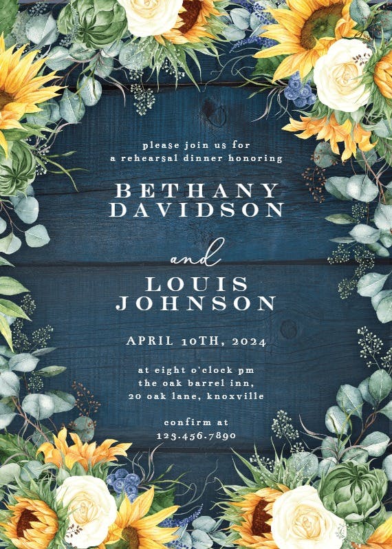 Sunflowers on navy blue wood - rehearsal dinner party invitation