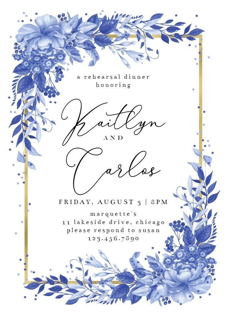 Surreal indigo bouquet - rehearsal dinner party invitation